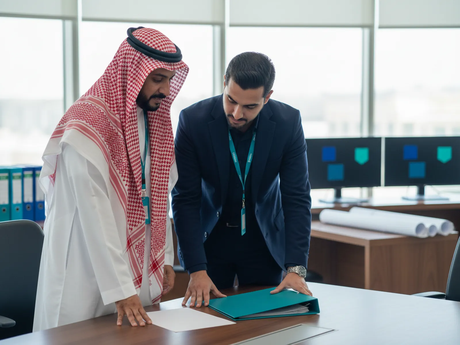 مدير شركة مقاولات ومحاسب يراجعان قسم القوائم المالية في ملف التأهيل