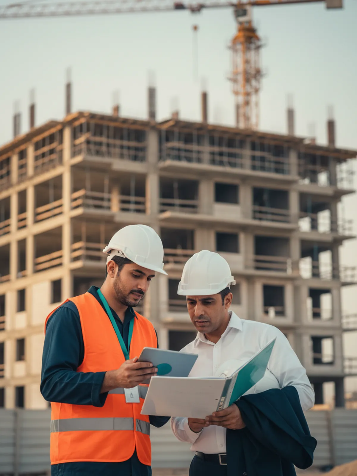 مهندس موقع ومستشار يراجعان مستندات استلام مشروع منجز في موقع إنشاءات بالرياض