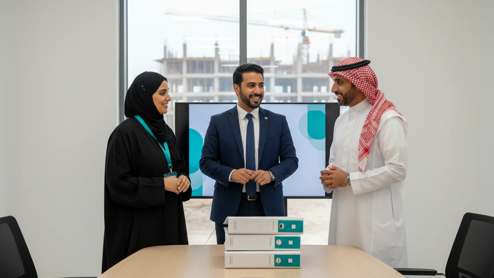 فريق إضاءات مع صاحب منشأة مقاولات في مكتب الموقع يراجعون ملفًا واحدًا للقوائم والمشاريع والكوادر