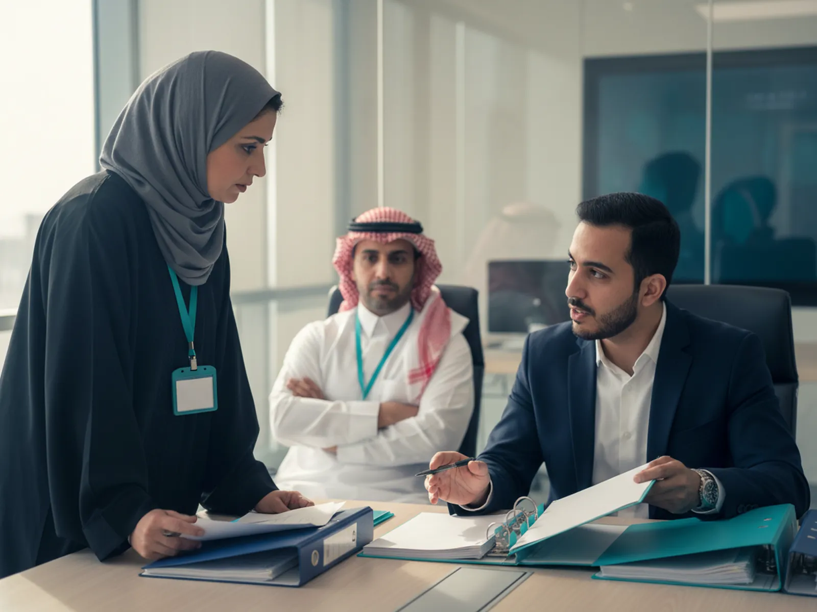 مدققة من جهة منح مستقلة تراجع سجلات المنشأة مع مدير الجودة بينما يتابع المستشار من خلفهما