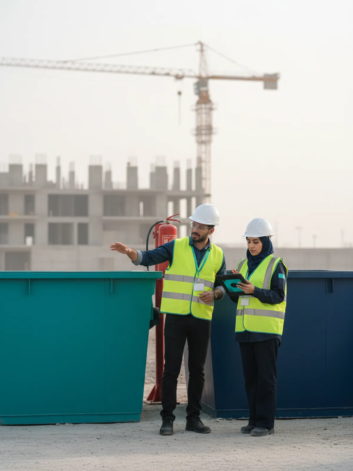 مهندس موقع وأخصائية سلامة يراجعان تطبيق متطلبات الجودة والبيئة والسلامة في موقع إنشاء بالرياض