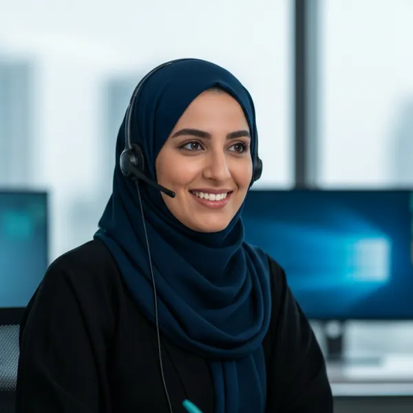مستشارة خدمة العملاء تتحدث مع عميل عبر سماعة