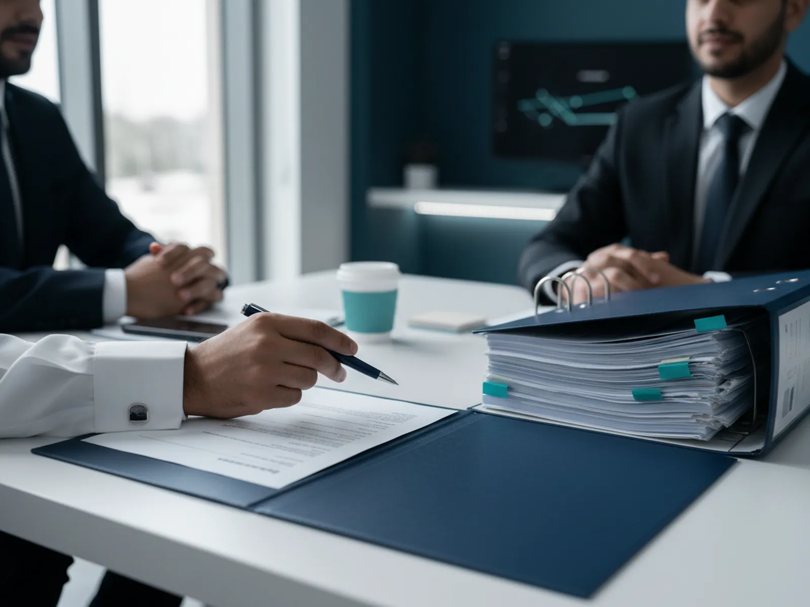 مستشار يقارن بين ملف تسجيل رفيع وملف تأهيل كامل بفواصل ملونة على مكتب