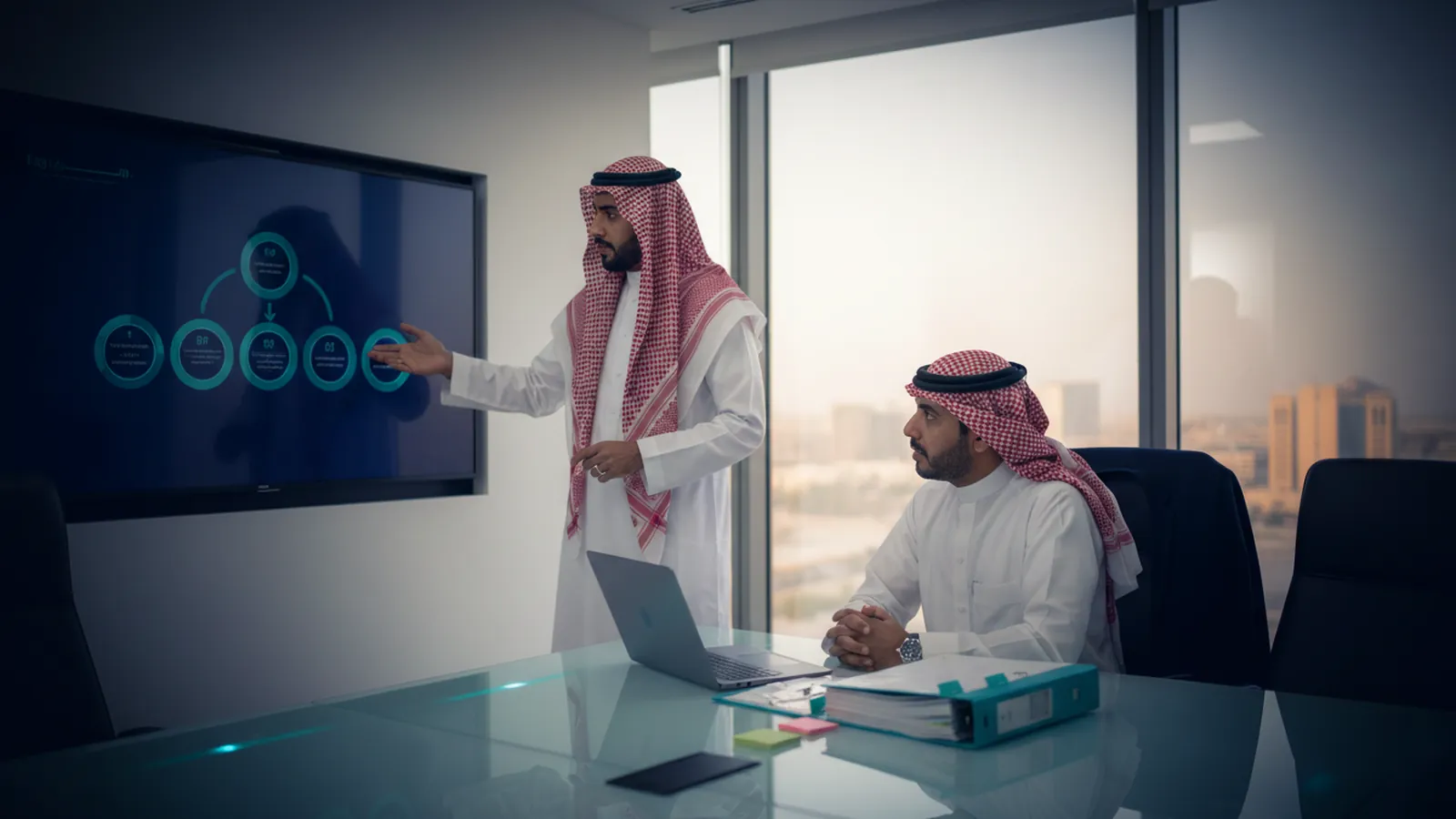 مستشار يشرح لعميل خطوات تجهيز ملف التسجيل والتأهيل في قاعة اجتماعات