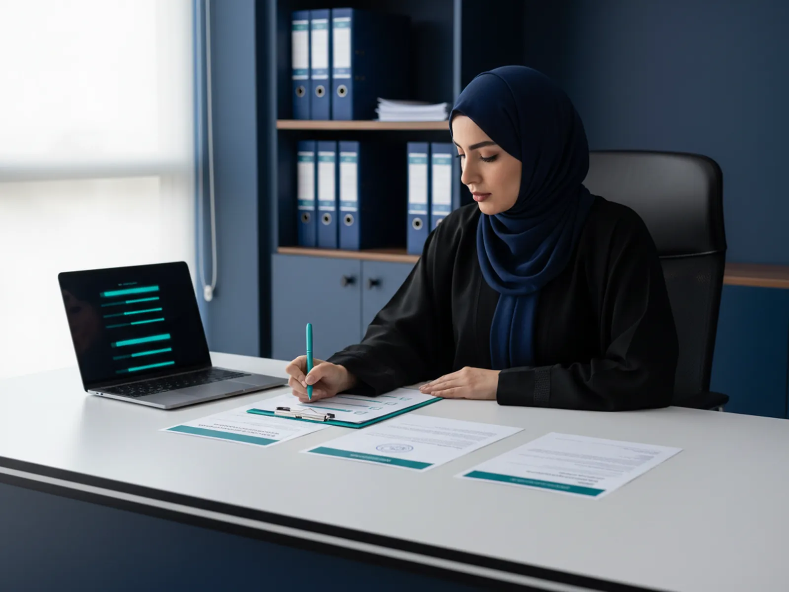 أخصائية امتثال تراجع السجل التجاري والتراخيص والشهادات وتؤشر على قائمة تحقق