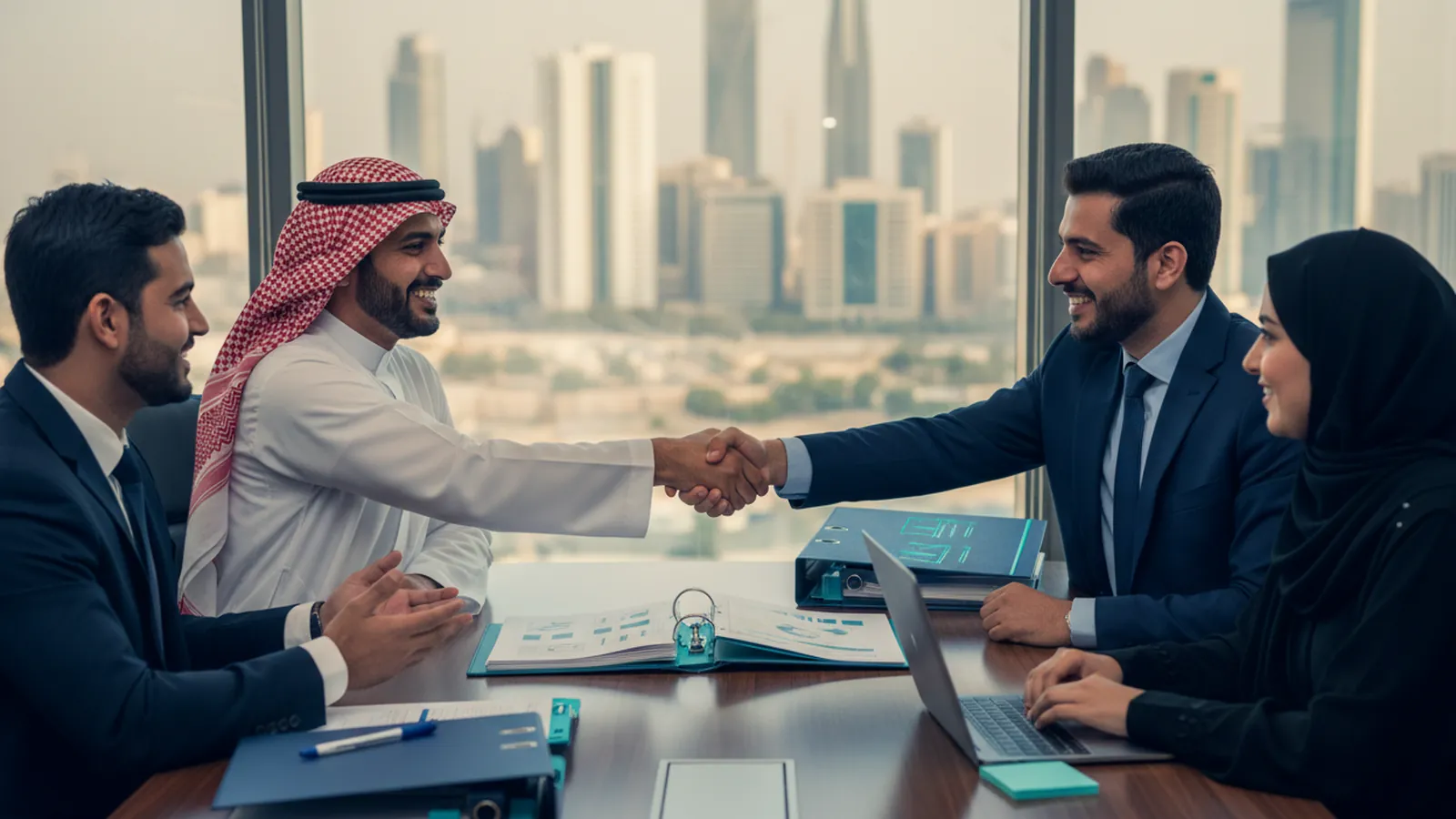 فريق استشاري يصافح عميلاً بعد إنجاز ملف التأهيل