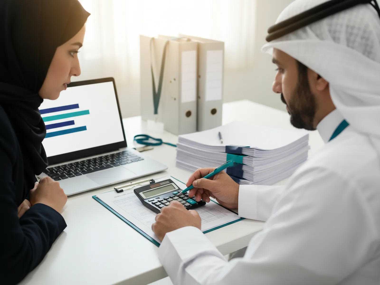 مهندس تكاليف يبني سعر بند في جدول الكميات بالآلة الحاسبة، وزميلته تراجع تحليل التكلفة على الحاسوب