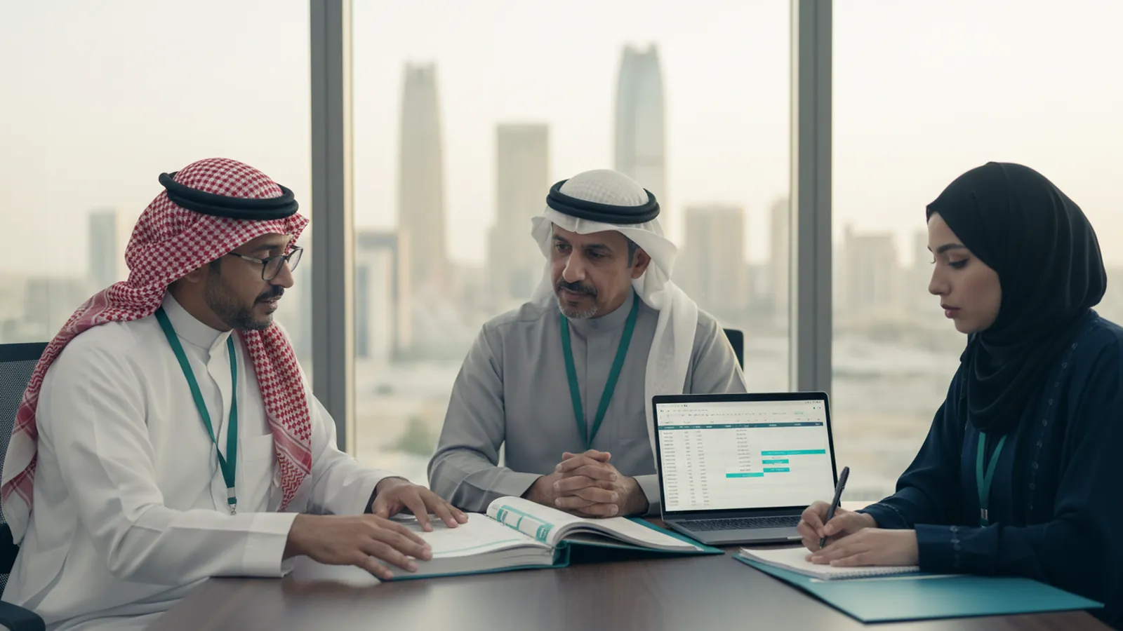 مستشار يراجع كراسة منافسة مع مدير شركة مقاولات ومهندسة تكاليف في قاعة اجتماعات بالرياض