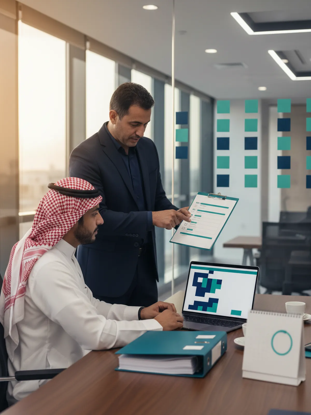 مدير المناقصات في شركة مقاولات يستعد لرفع العرض من حاسوبه، ومستشار يراجع معه قائمة الفحص النهائية قبل الإغلاق
