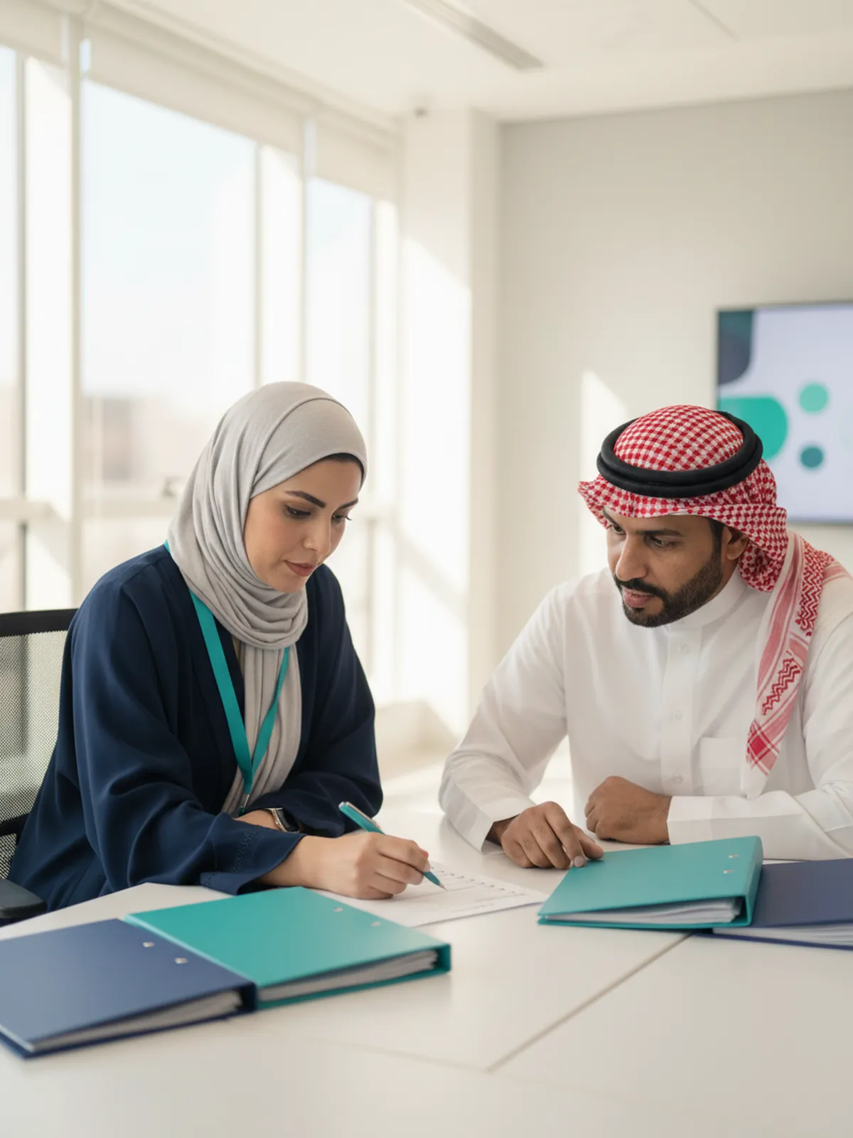 مستشارة تراجع مستندات الأهلية وصيغة الضمان الابتدائي على قائمة تحقق مع صاحب شركة قبل قرار دخول المنافسة