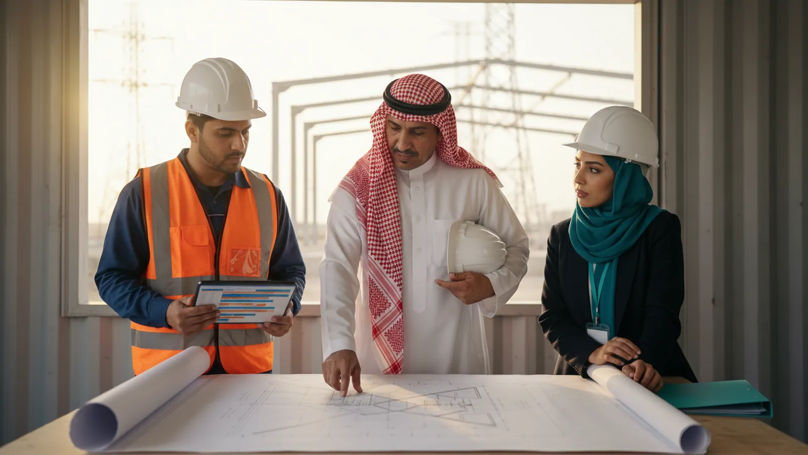 صاحب شركة مقاولات ومهندس الموقع يناقشان مخططًا مع مستشارة في موقع مشروع بالرياض